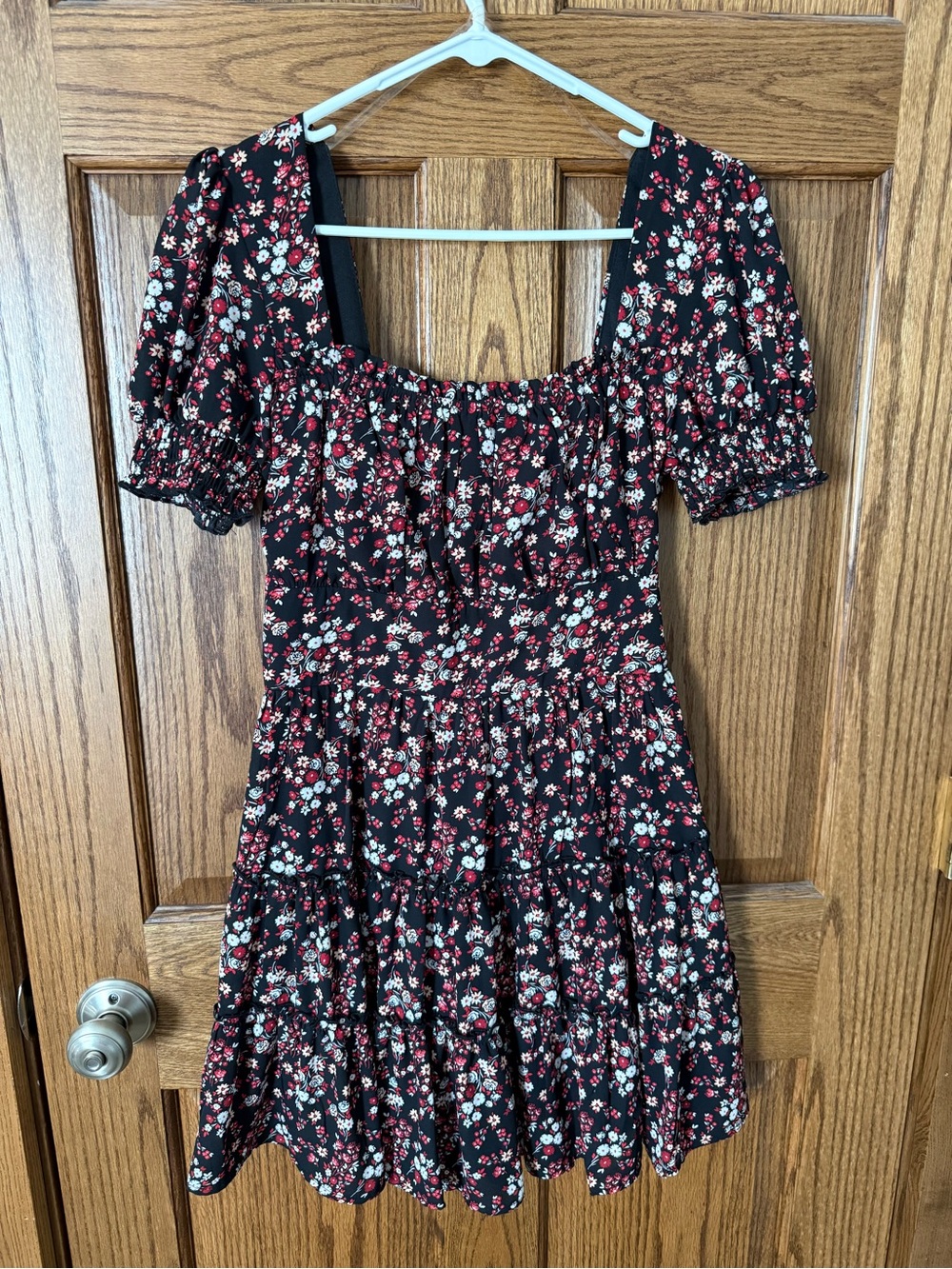 Trixxi Black Floral Square-Neck Puff Sleeve Dress with Red and White Blooms